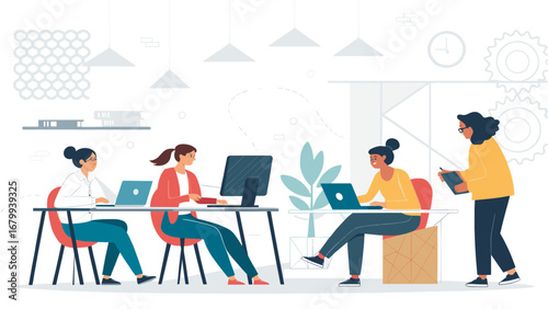 Diverse women actively collaborating in a modern office, engaged in digital work and discussion. Perfect for business, teamwork, and startup concepts.