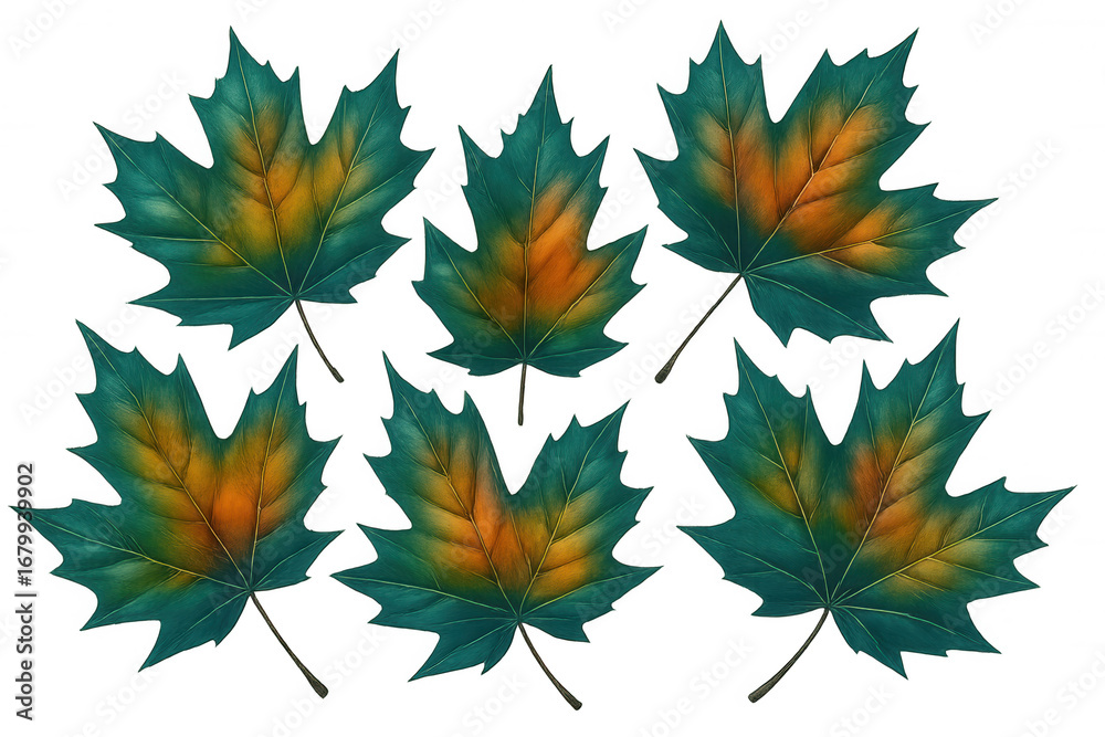 Obraz premium Teal and orange maple leaves transitioning, symbolizing seasonal color shift against transparent backdrop