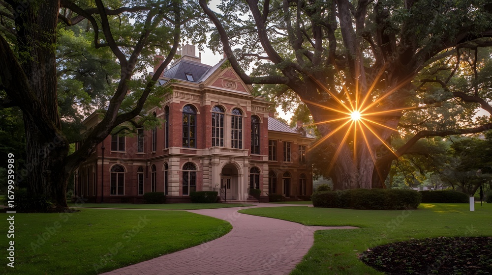 Fototapeta premium Historic red brick building with arched windows at sunrise framed by large trees and manicured garden path