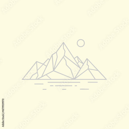Minimalist illustration of abstract mountains under a sun, set against a soft background, evoking tranquility and nature