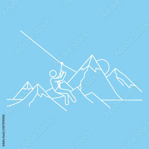 A minimalist illustration of a person zip-lining through a mountainous landscape under a clear blue sky at sunset