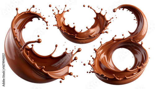 Three circular chocolate splashes with droplets flying around, on a transparent background