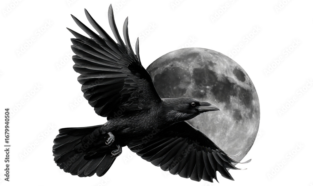 Obraz premium Raven in flight near a full moon