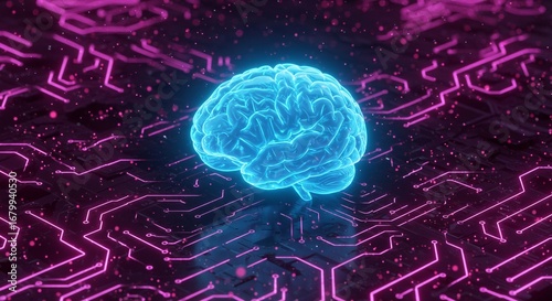 A glowing, neon blue brain sits atop a circuit board pattern with purple neon lines, representing artificial intelligence or advanced technology.