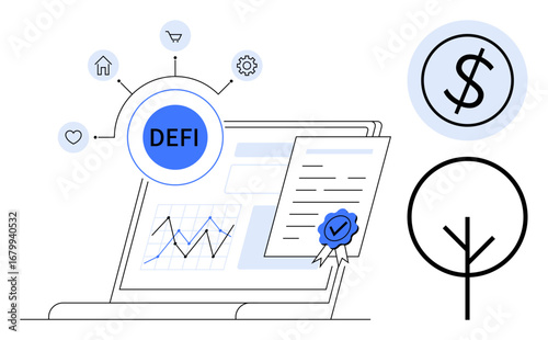 Laptop screen with defi network node, financial data graph, blockchain certification, dollar sign, and tree. Ideal for finance, blockchain, environment, investment innovation technology simple