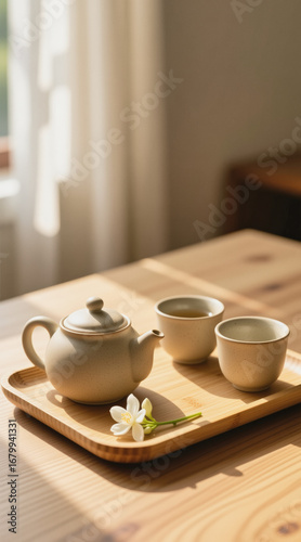 A wooden tray holds a beige teapot and two matching cups, with a single white flower placed beside them on a wooden table near a window.