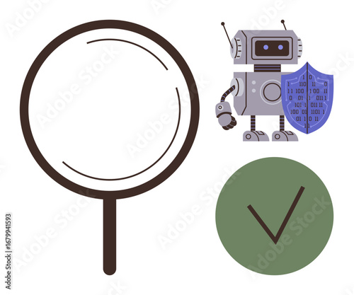 Robot holding shield with binary data, magnifying glass for analysis, green checkmark symbolizing validation. Ideal for cybersecurity, AI, data protection, reliability, verification, auditing