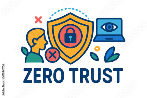 Zero Trust concept with shield, locked padlock, and laptop illustration  