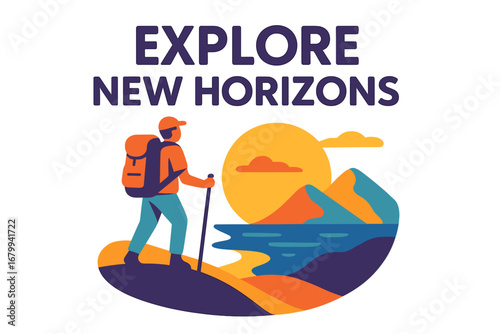 Hiking man exploring scenic landscape during sunset explore new horizons
