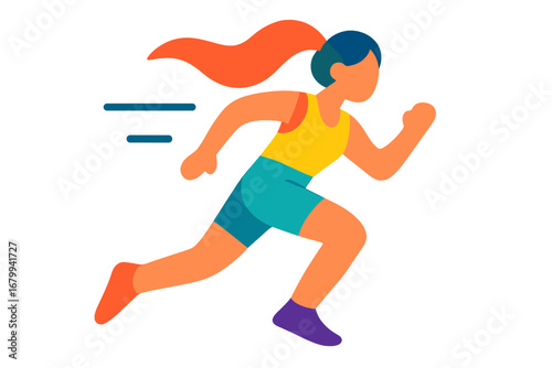 Young woman running in motion with colorful athletic wear going quickly
