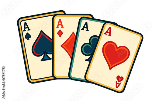 Four playing cards featuring aces in various suits  