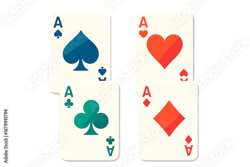 Four aces from playing cards in different suits and colors  
