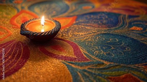Decorative rangoli with lit diya for Navratri festival