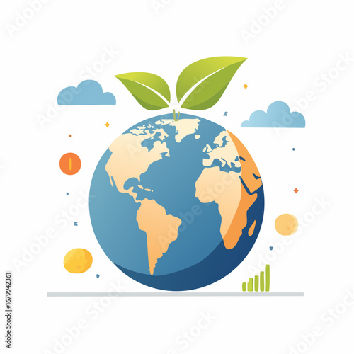 Colorful Earth Globe with Growing Leaves Illustration
