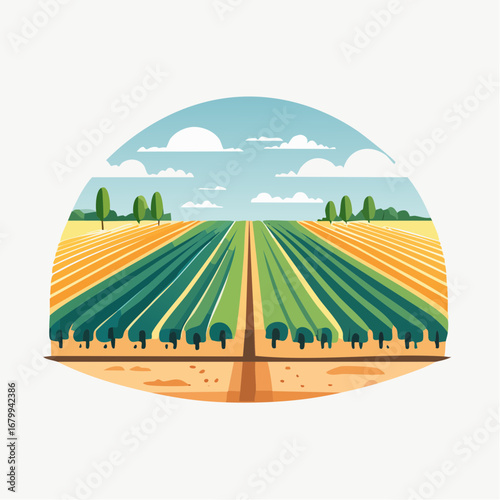 Colorful Farmland Illustration With Rows Of Crops And Trees