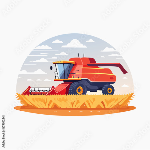 Red Combine Harvester In Wheat Field Illustration