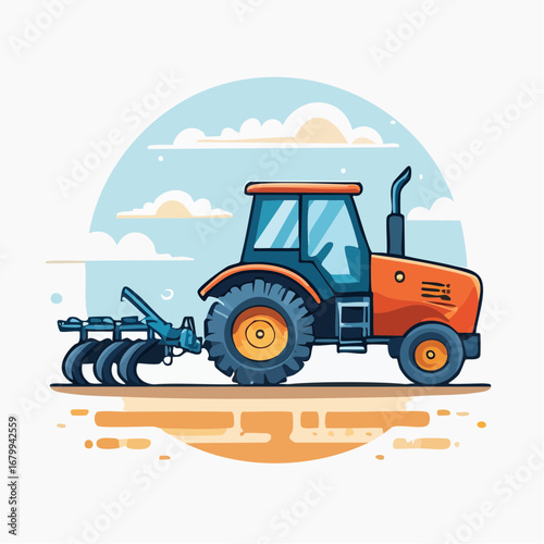 Orange Tractor With Plow In Field Illustration