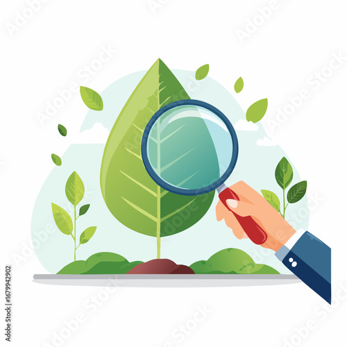 Hand Examining A Leaf With Magnifying Glass