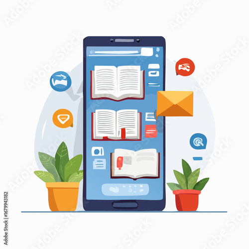 Digital Library App On Smartphone With Books And Messages