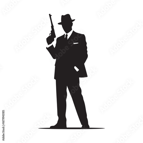 Silhouette of a man in a fedora and suit holding a handgun pistol