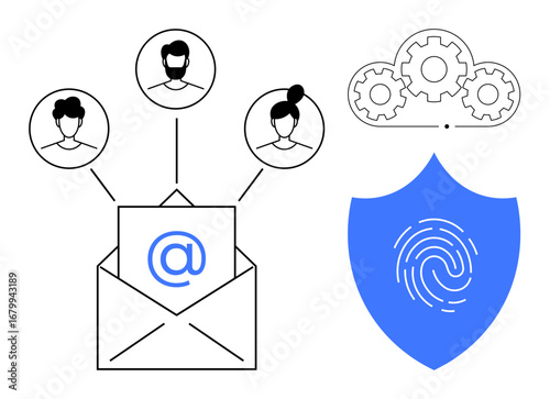 Open envelope with connection to user profiles, secure shield with fingerprint, and cloud gears. Ideal for data security, email safety, network protection, authentication, privacy, communication