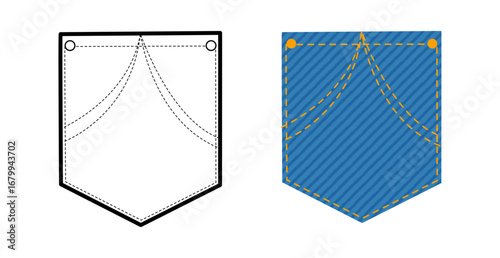 Jeans Angled Top-stitched Patch Pocket technical fashion illustration. Flat apparel line template and color. Women, men unisex style item CAD mockup isolated on white background 