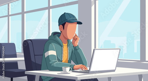 Casual person in a modern office, focused on a laptop. Ideal for remote work, business, or creative thinking concepts, showing productivity and modern lifestyle.