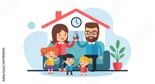 Happy family illustration with parents and three children enjoying time at home. Represents security, domestic life, and childcare concepts. Perfect for real estate or lifestyle.