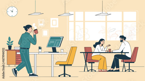 Professionals collaborating and engaging in casual discussion in a modern, dynamic office environment, reflecting productivity and connection.