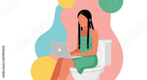 Young woman uses laptop while sitting on a toilet, depicting remote work, multitasking, or the challenges of finding privacy and focus.