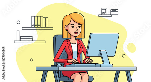 Professional woman in a business suit working diligently at her computer in an office setting. Ideal for themes of productivity, career, and modern business.