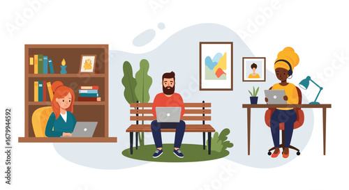 Diverse individuals working remotely from various locations like home, park, and office, showcasing modern flexible work and digital connectivity for business and lifestyle.