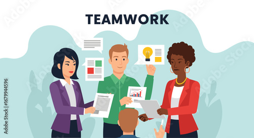Diverse business people collaborate, discussing ideas and data to achieve success. Represents teamwork, communication, and innovation in a corporate setting.