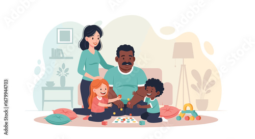Happy diverse family playing games and building blocks on the living room floor. Depicts joy, bonding, and quality time at home. Great for family, lifestyle, and childhood themes.
