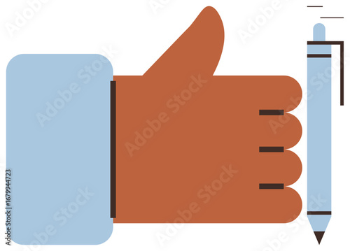Hand giving a thumbs-up next to a pen, symbolizing agreement, validation, or signature approval. Ideal for teamwork, agreement, validation, endorsement, communication contracts simple flat metaphor