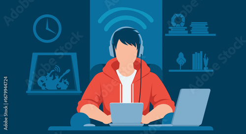Young person with headphones focused on a laptop, symbolizing remote work, online education, or digital entertainment in a connected home environment. Represents modern lifestyle and productivity.