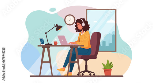 Young woman with headphones working remotely on her laptop at a home office desk, focused on online tasks. Ideal for business, education, and lifestyle concepts.