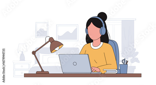 Focused woman in headphones works remotely on laptop from a comfortable home office, embodying productivity and modern work-life balance.