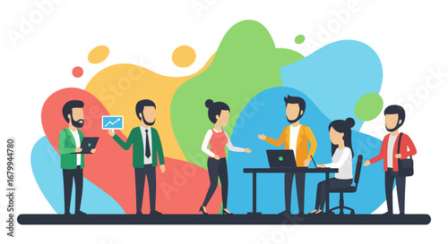 Collaborative business team engaged in discussion, analyzing data, and strategizing in a vibrant corporate setting. Illustrates teamwork, productivity, and professional growth.