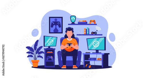 Person absorbed in playing video games at home, surrounded by monitors and controllers. Represents modern digital entertainment, leisure, and a hobbyist lifestyle.