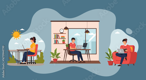People working remotely from diverse settings: a sunny balcony, a modern home office, and a cozy armchair. Represents flexible work and modern lifestyle.