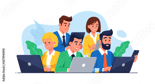 Happy diverse business professionals collaborating efficiently in a contemporary office setting, leveraging technology for successful teamwork and productivity.