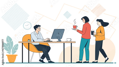 Happy colleagues collaborating and enjoying a coffee break in a modern office environment, fostering positive teamwork and productivity.