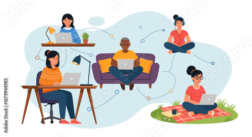 Modern remote work and collaborative network. People of diverse ages and settings actively working on laptops, highlighting flexible employment and digital communication.