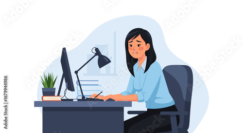 A stressed businesswoman working at her desk on a computer, looking overwhelmed and frustrated. Represents work pressure, deadlines, and burnout in a corporate environment.
