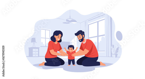 A happy family with a baby learning to walk, supported by loving parents at home. Illustrates parental care, childhood development, and domestic joy.