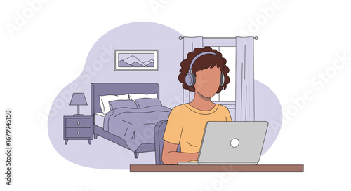 Young person with headphones working remotely on a laptop in a comfortable bedroom setting, illustrating flexible work, online learning, or digital tasks.