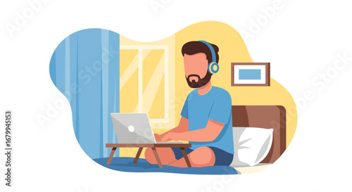 Man working comfortably from home on his laptop, wearing headphones. Ideal for remote work, online learning, or modern lifestyle themes.