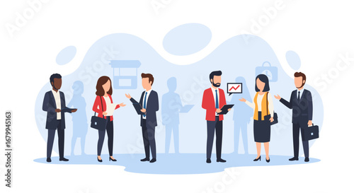 Diverse business professionals collaborate and discuss strategy, ideal for corporate communication, teamwork, and financial concepts.
