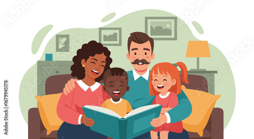 Joyful diverse family reading a storybook together on a cozy sofa at home. Depicts happy family bonding, learning, and childhood moments.